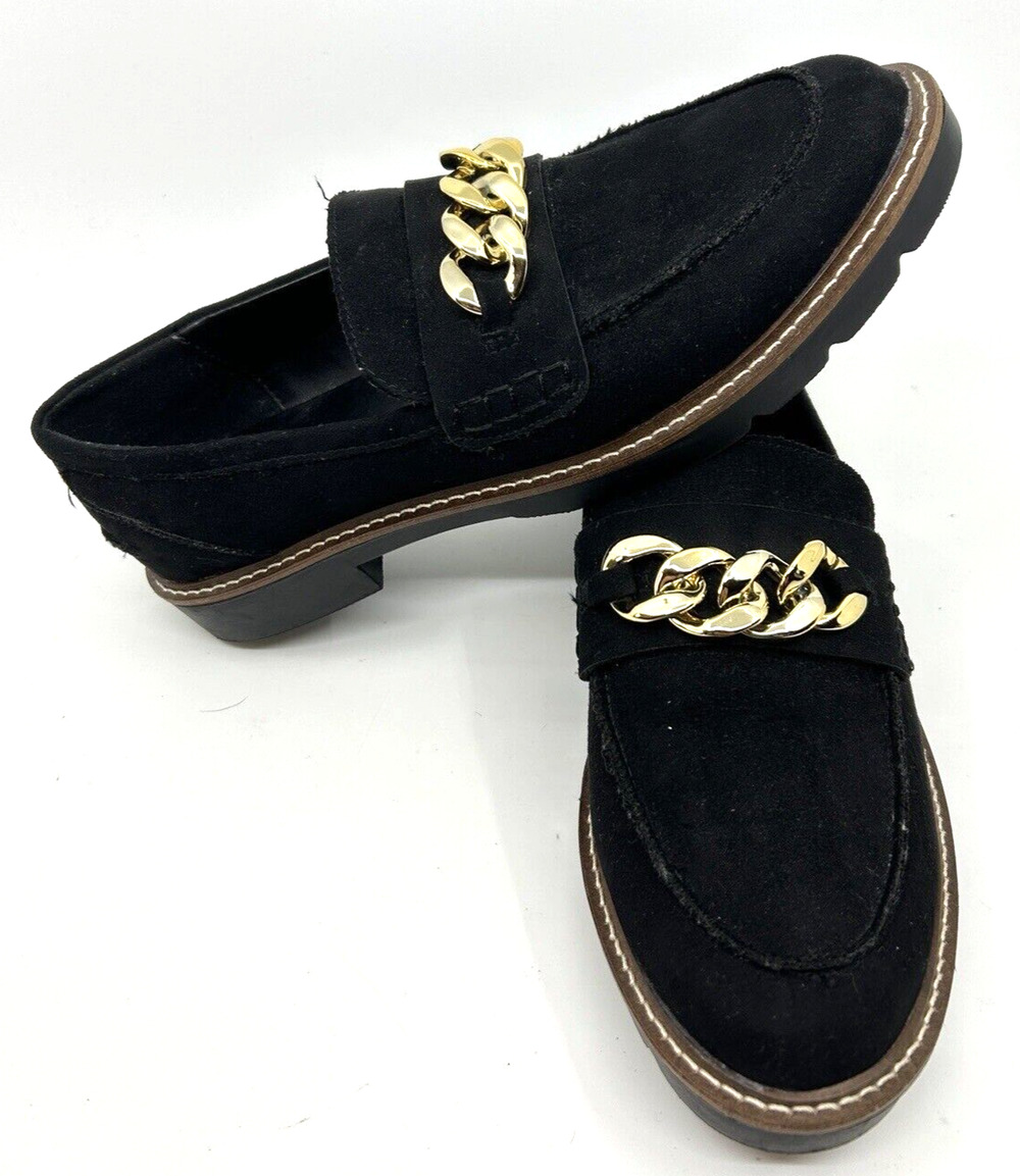 Anne Klein Eunice Loafers Size 8 Black Slip On Chain Detail Fabric Upper Preppy